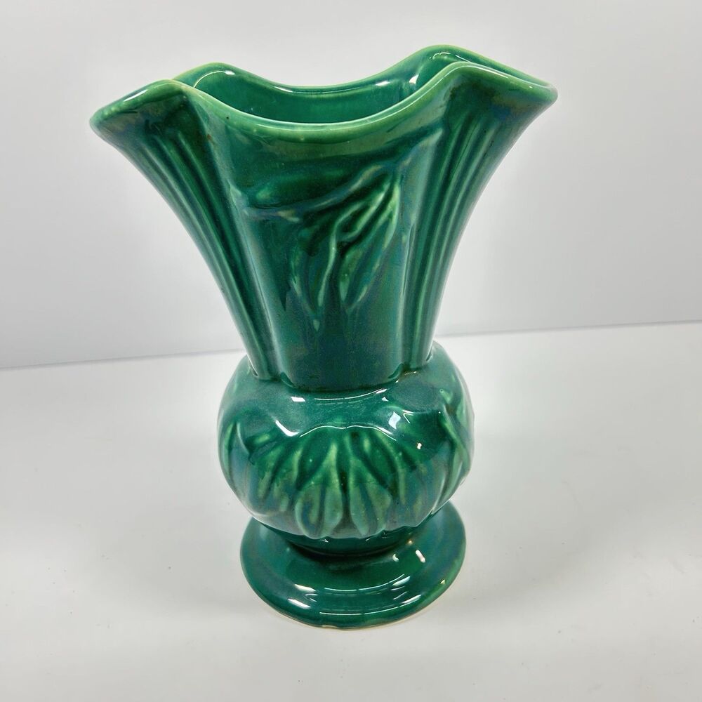 Vintage Green Ceramic Trumpet Vase Unmarked Art Deco Flared Leaf Design